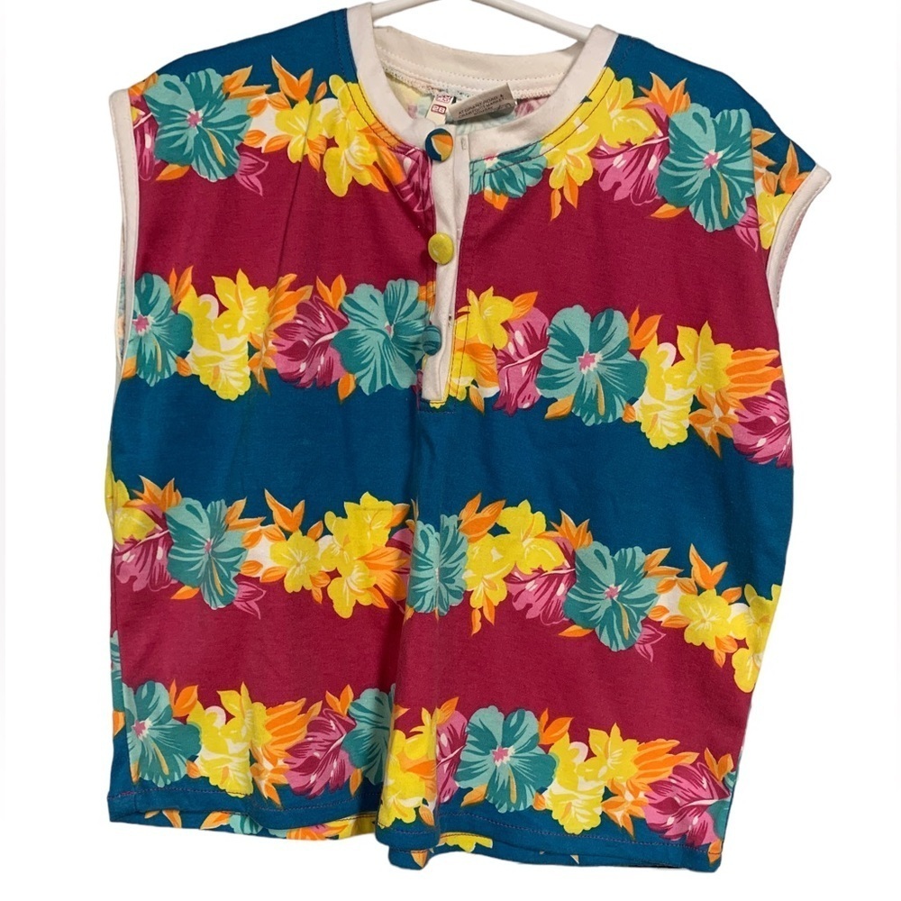 Girls Hawaiian flower pink and blue stripe tanktop